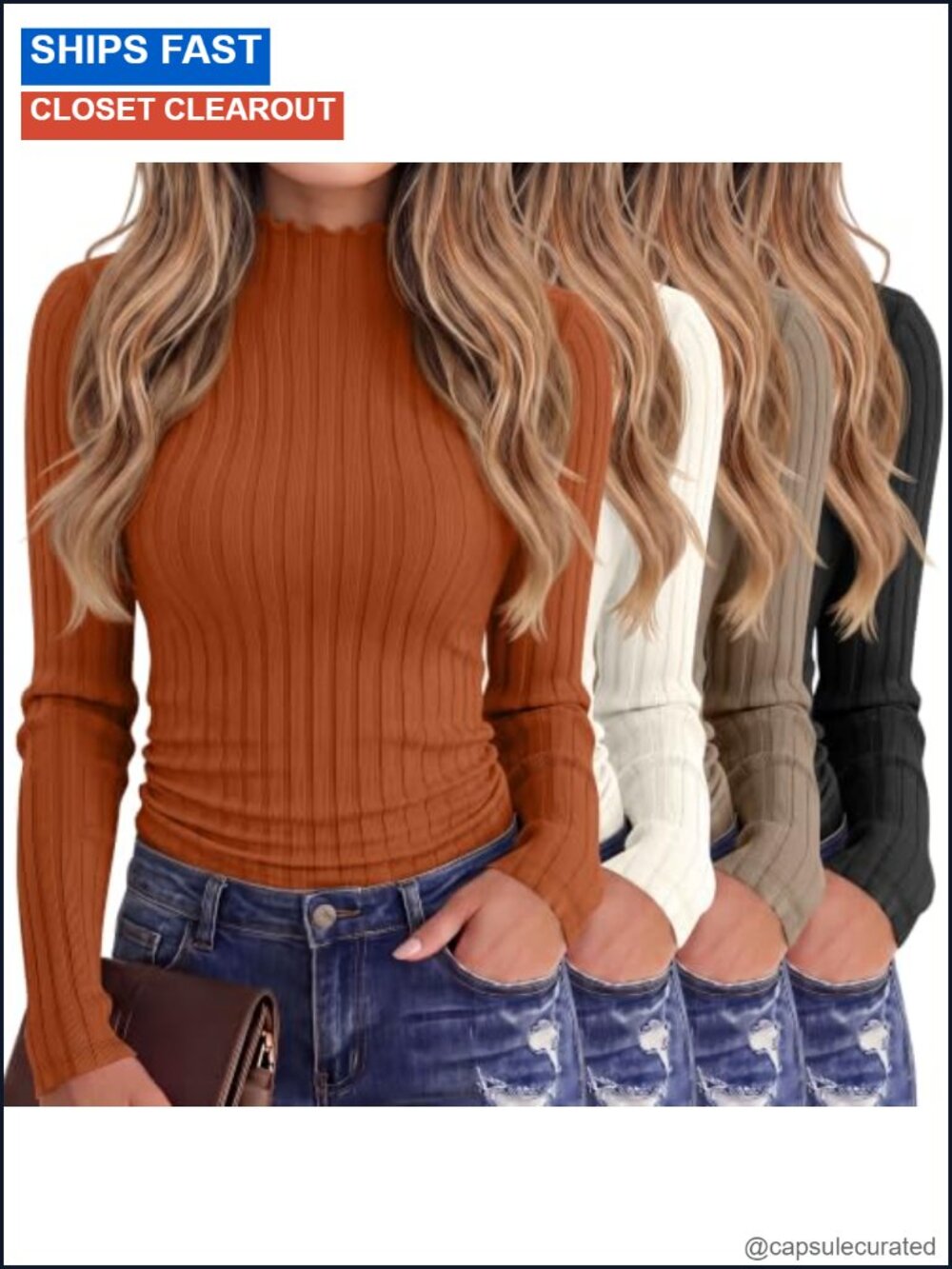 4 Pack Women's Ribbed Mock Turtleneck Long Sleeve Tops